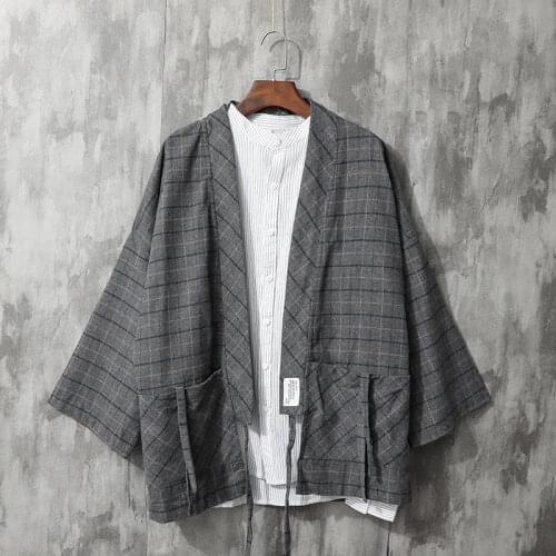 Mens Kimono Japanese Traditional Style Coat Cardigan Casual Loose Haori Retro Plaid Samurai Jacket Asian Clothing Yukata