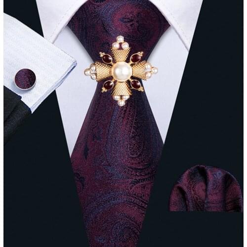 Barry.Wang Men Tie Deep Red Jacquard Silk Woven Paisley Necktie Hanky Cufflinks Brooch Set Pattern Designer for Party Wedding