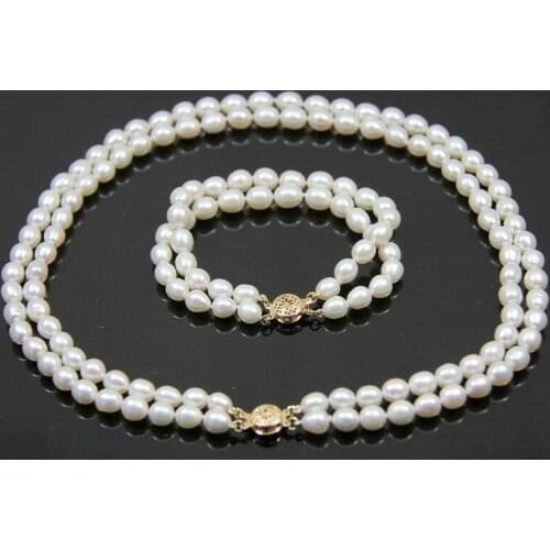 2 row Genuine Natural white oval freshwater 8-9mm pearl necklace bracelet 17"