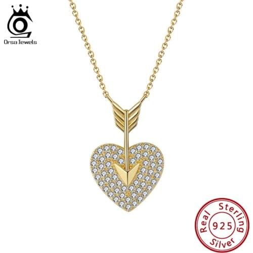 ORSA JEWELS Genuine 925 Sterling Silver Heart Pendant Necklace for Women 14 Karat Arrow Lover Couple Jewelry Gift OSN283