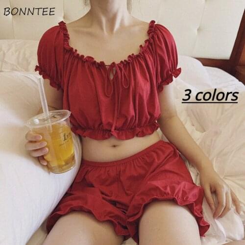 Pajama Sets Women Sexy Temperament Fashion Daily Cropped Summer Design Lovely Homewear Soft Slim Nighty College Ulzzang 2 Pieces