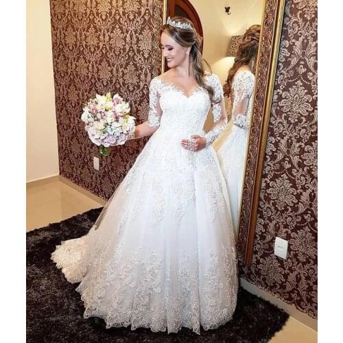 A-line Long Sleeve Wedding Dresses Tulle Lace Beading Vintage Sexy Formal Wedding Gowns 2020 Fashion bridal Gowns robe de soiree
