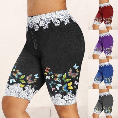 Denim Print Yoga Shorts Sports Fitness High Waist Butt Scrunch Leggings Workout Floral Lace Spliced Skinny Sport Shorts