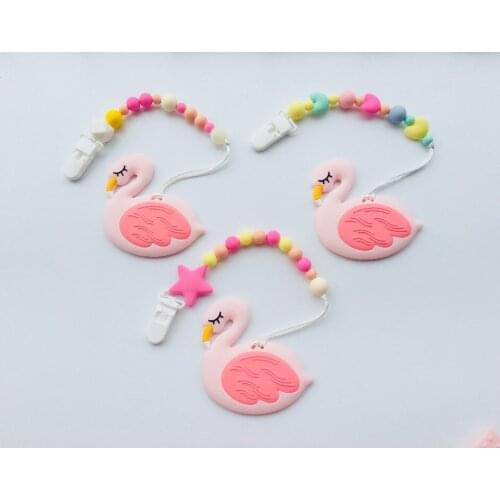 Silicone flamingo Pacifier BPA Free Baby Teether Hand made Funny Colorful Bead Clip Holder Pacifier Clips Soother Chain For Baby