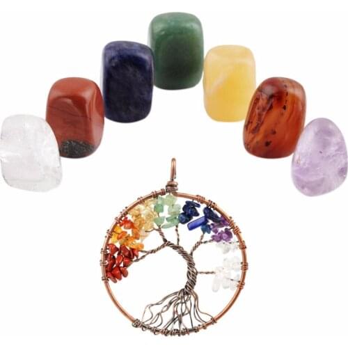 SUNYIK Healing Reiki Crystal,7 Chakra Tumbled Stones & Pendant Meditation Set