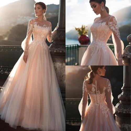 Champagne Illusion O-Neck Long Sleeve Wedding Dresses Appliques Floor Length Tulle Bridal Gowns Robe De Mariage