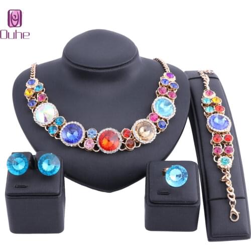 Wedding Bridal Jewelry Set Gold Color Crystal Women Party Necklace Bangle Earring Ring Costume Jewelry Set