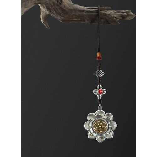 Vintage Tibetan Silver Color Rotatable Lotus Flower Keychain Handmade Woven Metal Charm Bag Car Key Pendant Amulet Accessory