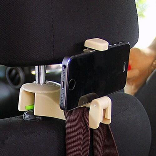 Back Hook 2 in 1 Car Headrest Hook with Phone Holder Seat Back Hanger for Bag Handbag Purse Grocery Cloth Foldble Clips