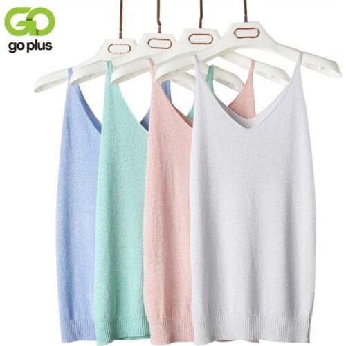 GOPLUS Sexy Spring Knitted Tank Top Women Blouse Fashion Silver Thread Deep V Neck Top Female shirt Sleeveless Vest Casual Camis