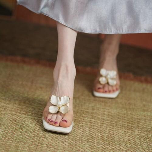 2021new Summer Chunky Heel Sandals Womens Mid Heel Square Toe Flip Flops Crystal Heel