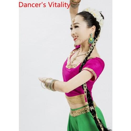 Women Indian Dance Practice Clothes Short Sleeve Sequin Top 5 Colors Oriental Belly Dancing Performance Costume Cropped Top