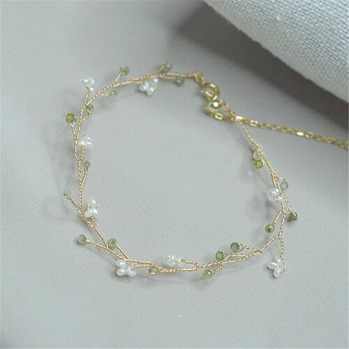 Natural Pearl Green Tourmaline Gold Wire Braided Vine Handmade Bracelet For Women Wedding Charm Bangle Female Adjustable Jewelry