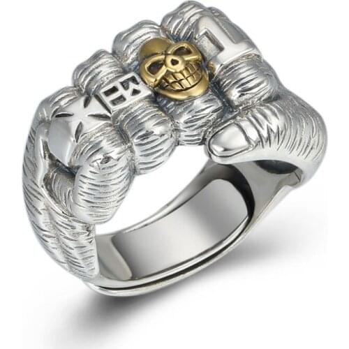 100% 925 Silver Skull Ring Cross symbol Ring Sterling Silver Skull Man Ring Resizable