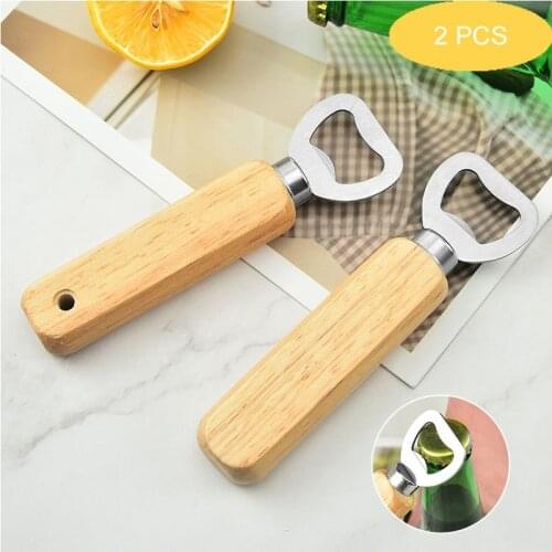2PCS Bottle Openers Multifunctional Easy Jar Can Opener Kitchen Beer Glass Cap Bottle Lid With Wood Handle