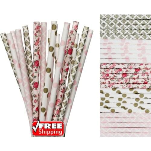 250pcs Mixed 5 Designs Light Pink and Gold Themed Paper Straws-Damask,Polka Dot,Flower,Floral Wedding Spring Garden Party Decor