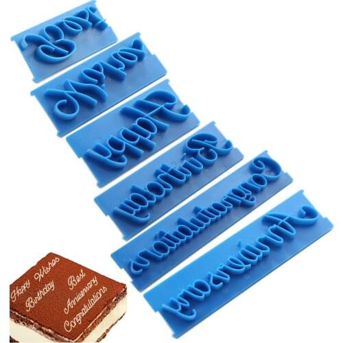 6pcs/set Handwriting Fondant Cake Embosser Plastic Letters Mold Happy Birthday Cookie Cutter Baking Molds Cake Decoration Tool