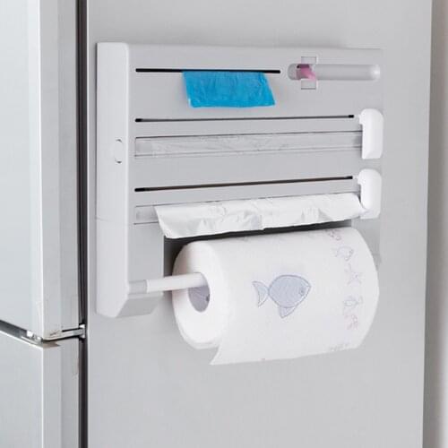 6 In 1 Multifunctional Kitchen Storage Rack Tin Foil Cling Film Cutter Storage Rack Paper Towel Garbage Bag Rack