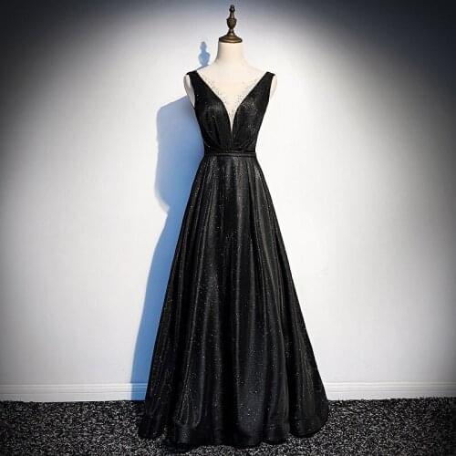 Black Evening Dresses O-Neck Crystal Illusion Sleeveless Sequins A-Line Sexy Backless Elegant Formal Wedding Banquet Prom Gowns