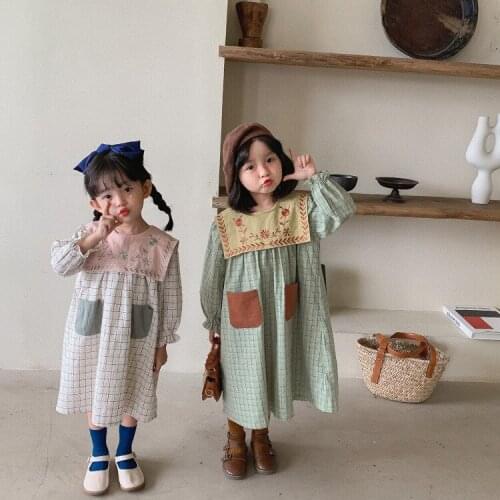 Childrens Dress 2021 Autumn New Girls' Idyllic Style Cute Embroidery Square Collar Plaid Casual Korean Dress Kids Dress