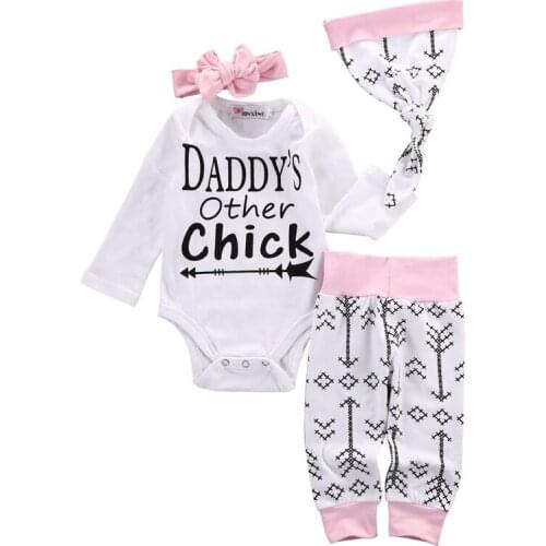 4PCS Newborn Baby Girl Set Spring Clothes Long Sleeve Letter Romper Arrow Long Pants Hat Headband Outfits Clothing Suit 0-18M