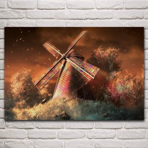 Colorful mill fantasy field art wind nature dream artwork living room home wall art decor wood frame fabric poster KN813