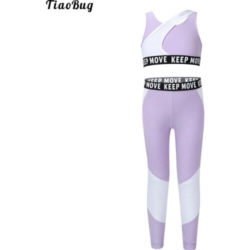 TiaoBug Summer 2Pcs Kids Girls Yoga Suit Letters Print Cropped Sport Top Elastic Waistband Pants Set For Gym Fitness Running
