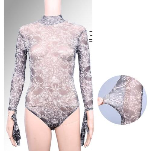 Hot Sexy Turtleneck Separate Fingers Long Sleeve Mesh Bodysuit Flower See Through Bodycon Shaping Tights Bodystocking Bodys Tops