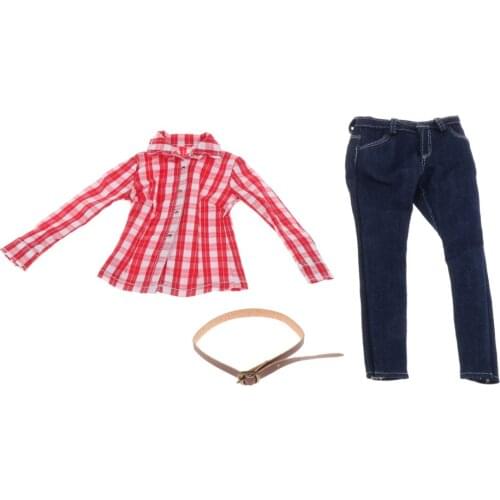 1/6 Scale Clothes Red Plain Shirt & Jeans Pants Set for 12' Female Military Action Figure Body