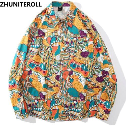 Harajuku Men Hawaiian Shirt Hip Hop Graphics Print Fashion Button 2021 Beach Shirt Summer Long Sleeve Aloha Shirt Streetwear