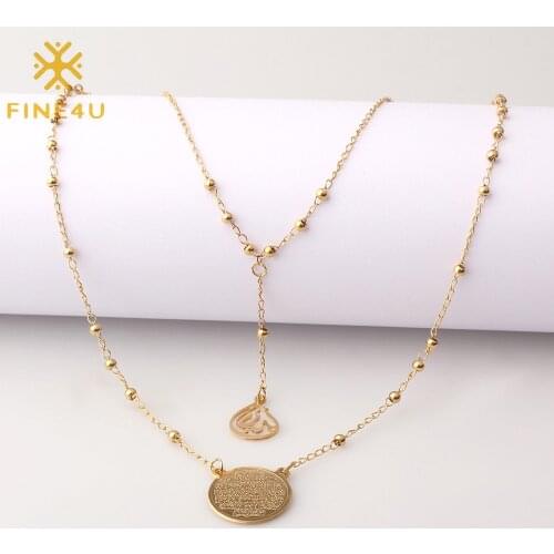 FINE4U N609 Islam Muslim Arabic Printed Medal Pendant Necklace Stainless Steel Layered 3mm Bead Rosary Necklace Islam Jewelry