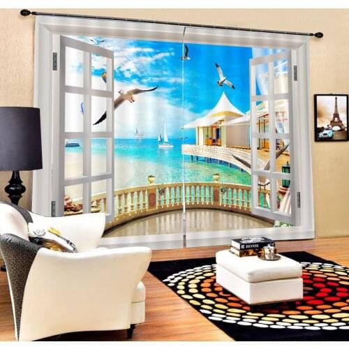Custom blue beach curtain Customized size Luxury Blackout 3D Window Curtains For Living Room window scenery curtains