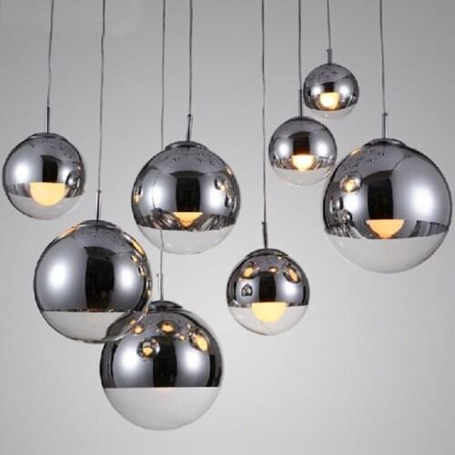 Attractive Gold/Sliver Glass Shade Silver Inside Mirror Pendant Light E27 LED Pendant Lamp Glass Ball Indoor Living Room Lamps