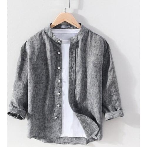 Pure Linen Japanese Fashion Three Quarter Shirt for Men Summer New Casual Tops Male Stand Collar Button Up Shirt Retro Clothes