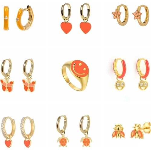 Aide 925 Sterling Silver Orange Zircon CZ Series Hoop Earrings 2021 Trend Enamel Heart Smiley Face Bee Charm Earrings Pendientes