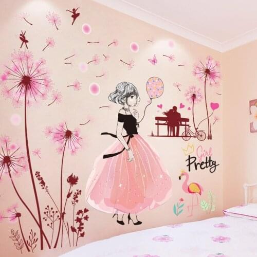 [shijuekongjian] Pink Color Dandelions Flowers Wall Stickers DIY Cartoon Girl Mural Decals for House Kids Room Decoration