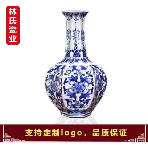Nordic decoration homeJingdezhen Ceramics Chinese Blue and White Classical Pattern Six-sided Arrangement Vase Flower Art Flowe