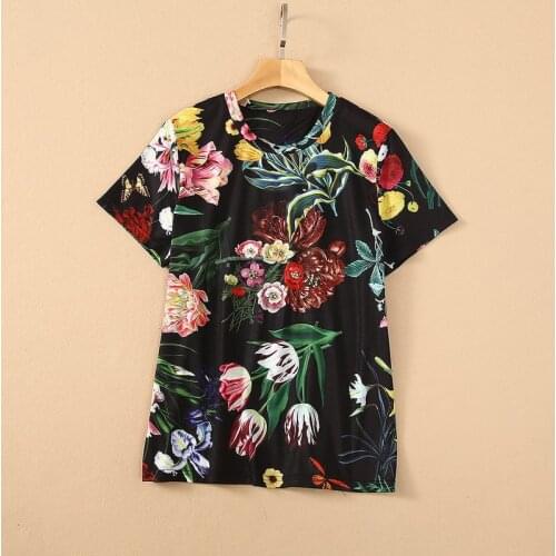 European and American womens wear for summer 2021 Short sleeved sequin nail beaded floral print Fashion T-shirt