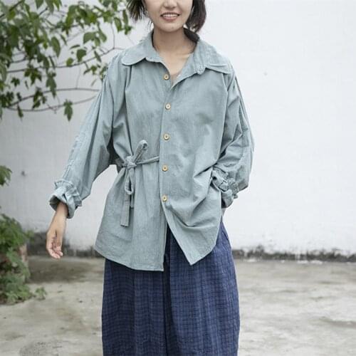 Spring Woman New Solid Blue Color Long Sleeve Turn Down Collar Single Breasted Pleated Irregular Loose Shirt Plus Size with Belt