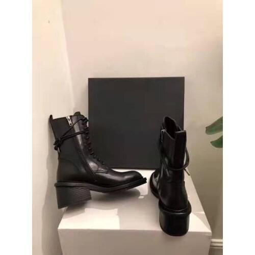 Woman Boots Black Genuine Leather Lace-up Ankle Boots Round Toe Side Zip Chunky Block Heel Biker Boots Shoes
