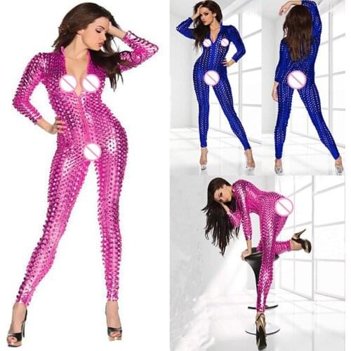 5 Colors Hot Women Sexy Shiny Leather Latex Jumpsuit Hollow Out Hole DJ Dance Catsuit Exotic Clubwear PVC Bodysuit One Size