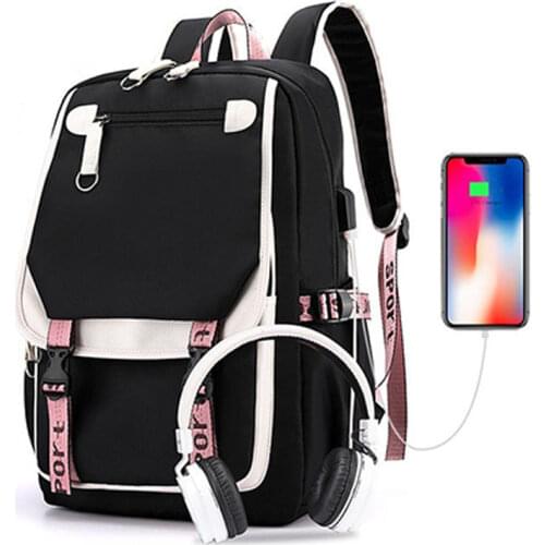 Women Backpack School Bags for Teenage Girls Black Pink Cool Patchwork Large Capacity Bagpack Youth USB Charging Back Pack