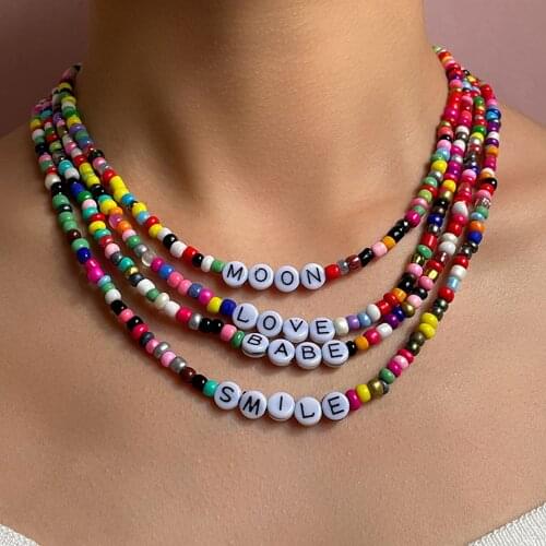 Bohemia Colorful Letter Beaded Necklace For Women LOVE SMILE Letters Choker Rainbow Beads Handmade Necklaces Retro Femme Jewelry