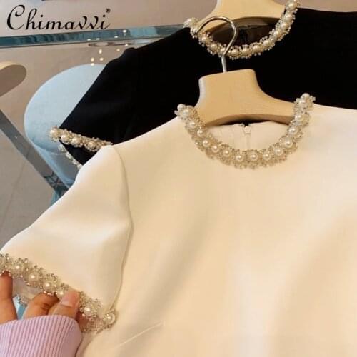 2021 Spring/Summer Fashion Retro Short Sleeve White Dress Women Heavy Pearl Rhinestone Collar A- Line Loose Dress Elegant Dress
