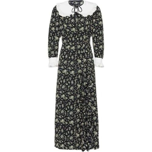 French style spring autumn floral printed dress women peter pan collar slim high waist chiffon dress