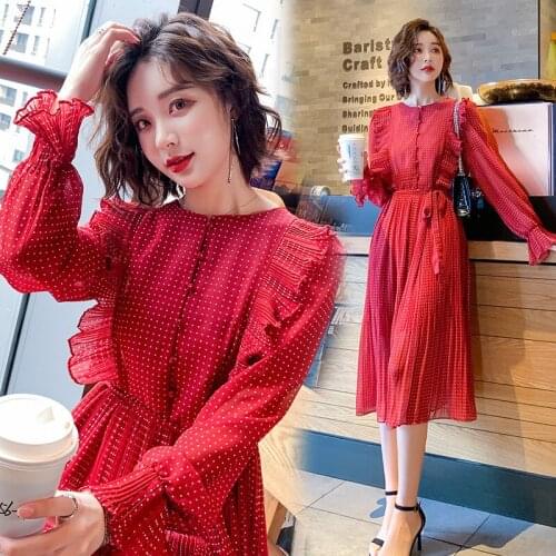Fashion temperament long sleeve dress womens Ruffle 2021 spring and summer round neck high waist elastic waist chiffon long