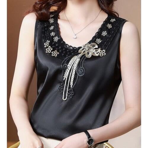 2021 Summer Sleeveless Chiffon Blouse White Shirt Women Clothes Lace O-Neck Tops Patchwork Silk Korean Fashion Chemisier Femme