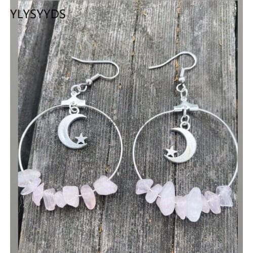 Bohemia Moon In Rose Quartz Hoop Earrings Stars Dangle Witch Jewelry Healing Halloween Statement Delicacy Jewelry Women Gift