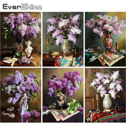 Evershine 5D DIY Diamond Painting Lilac Cross Stitch Kit Diamond Embroidery Full Square Round Flower Sale Vase Handmade Gift