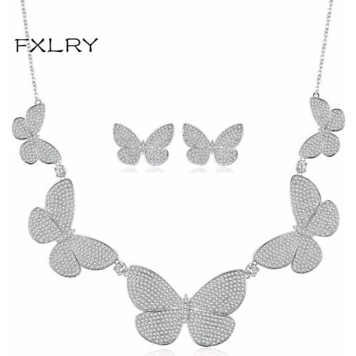 FXLRY Butterfly Shape Necklace Micro Pave AAAAA Cz White Gold Filled Party Wedding Necklace earring set For Women Bridal Luxury